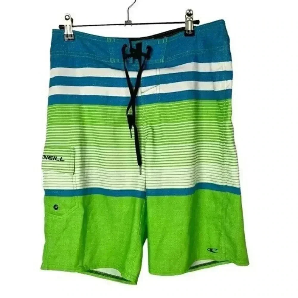 O'Neill Blue & Green Stripe Swim Board Shorts 29